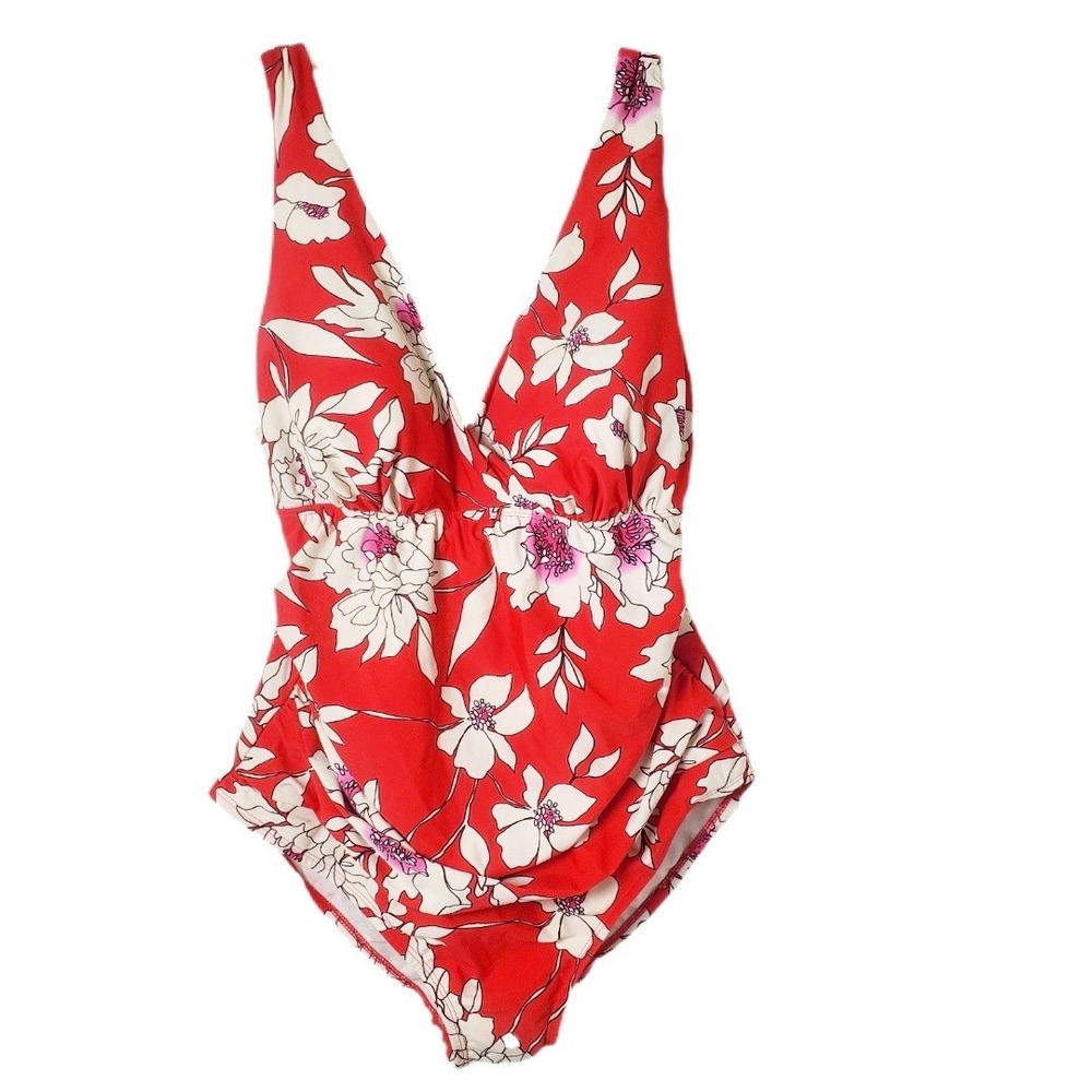 Swimsuits For All Red Floral V-Neck One Piece Swimsuit Size 12 66-1032-2